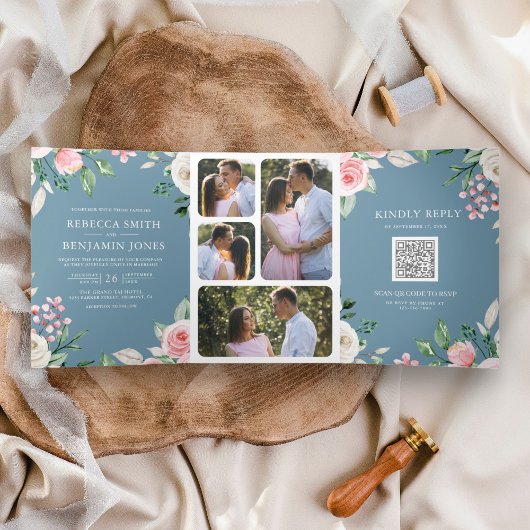 Blush Pink Floral QR Code Dusty Blue Wedding Drieluik Uitnodiging