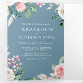 Blush Pink Floral QR Code Dusty Blue Wedding Drieluik Uitnodiging (Binnenzijde eerst)