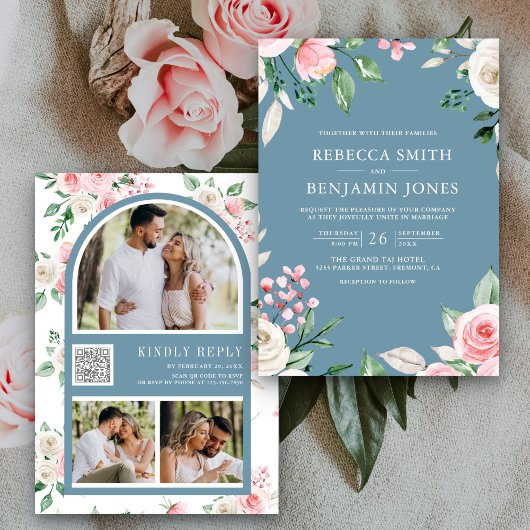 Blush Pink Floral QR Code Dusty Blue Wedding Kaart