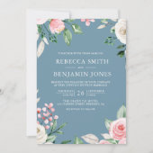 Blush Pink Floral QR Code Dusty Blue Wedding Kaart (Voorkant)