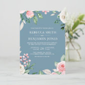 Blush Pink Floral QR Code Dusty Blue Wedding Kaart (Staand voorkant)