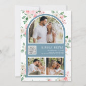 Blush Pink Floral QR Code Dusty Blue Wedding Kaart (Achterkant)