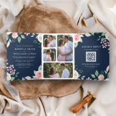 Blush Pink Floral QR Code Navy Blue Weddenschap Drieluik Uitnodiging