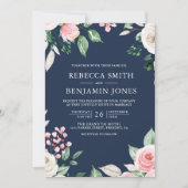 Blush Pink Floral QR Code Navy Blue Weddenschap Kaart (Voorkant)
