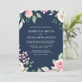 Blush Pink Floral QR Code Navy Blue Weddenschap Kaart (Staand voorkant)