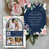 Blush Pink Floral QR Code Navy Blue Weddenschap Kaart
