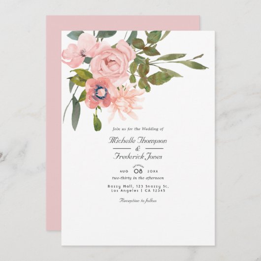 Blush Pink Floral QR Code RSVP Weddenschap Kaart (Voorkant / Achterkant)