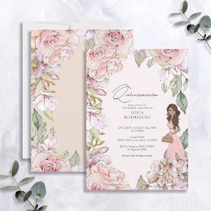 Blush Pink Floral Quinceañera 15th Birthday Kaart