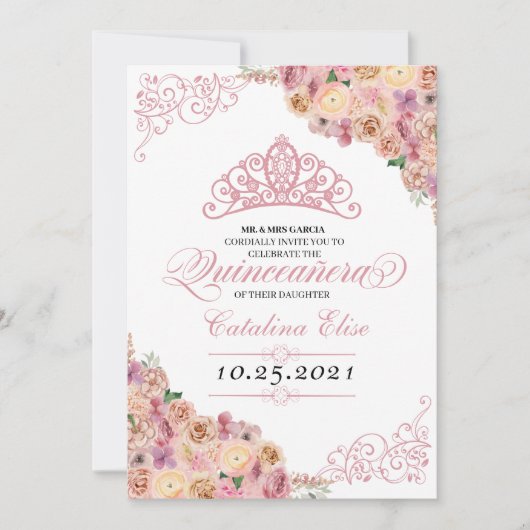 Blush Pink Floral Quinceanera Birthday Kaart (Voorkant)