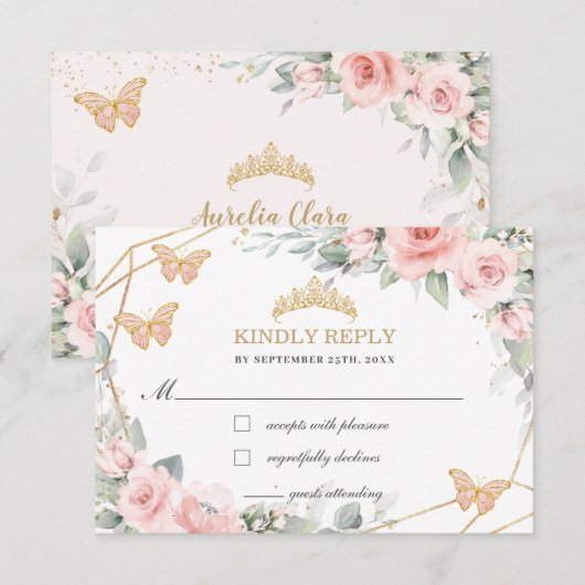Blush Pink Floral Quinceañera Butterflies Antwoord (Voorkant / Achterkant)