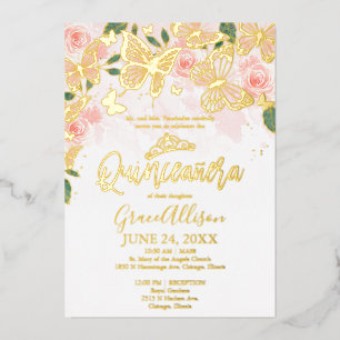 Blush Pink Floral Quinceanera Butterfly Gold Folie Uitnodiging