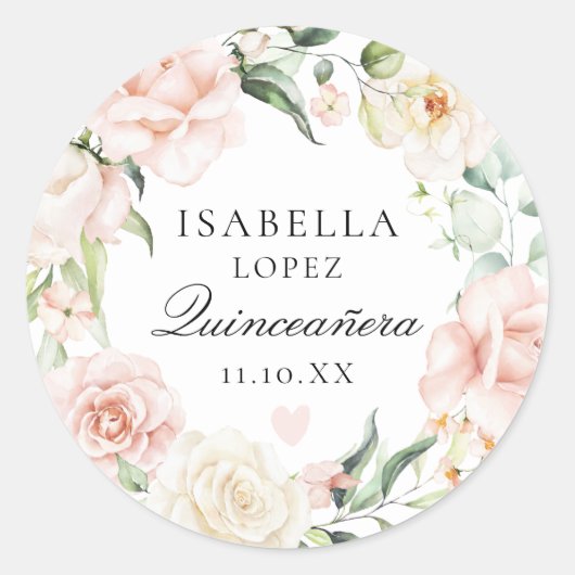 Blush Pink Floral Quinceanera Envelope Seal Ronde Sticker (Voorkant)