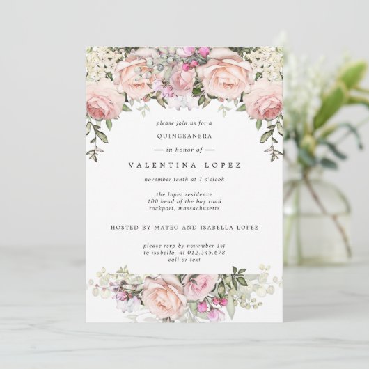 Blush Pink Floral Quinceanera Kaart (Staand voorkant)