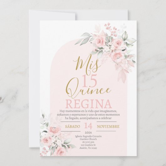Blush Pink Floral Quinceañera Kaart (Voorkant)