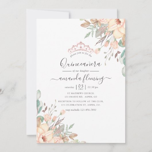 Blush Pink Floral Quinceañera Kaart (Voorkant)