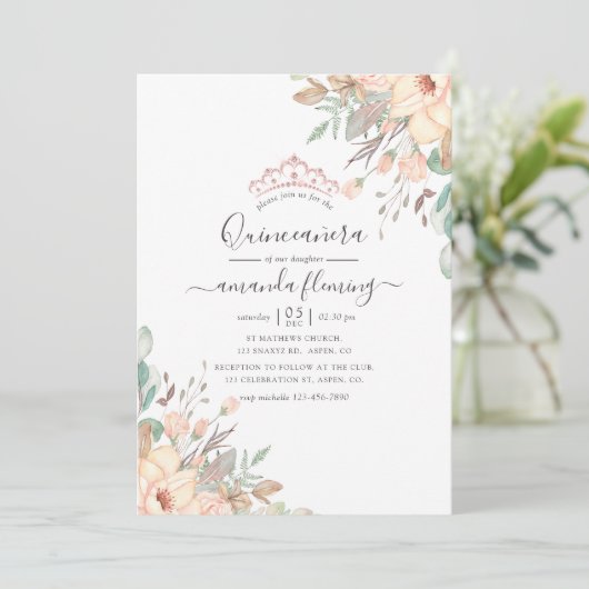 Blush Pink Floral Quinceañera Kaart (Staand voorkant)