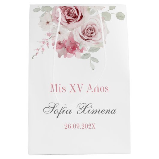 Blush Pink Floral Quinceañera Medium Cadeauzakje (Voorkant)