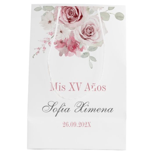 Blush Pink Floral Quinceañera Medium Cadeauzakje (Achterkant)