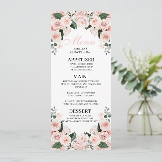 Blush Pink Floral Quinceanera Menu Kaart (Staand voorkant)