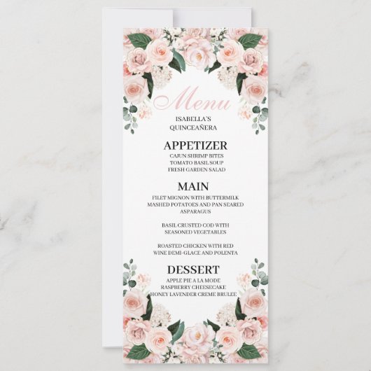 Blush Pink Floral Quinceanera Menu Kaart (Voorkant)