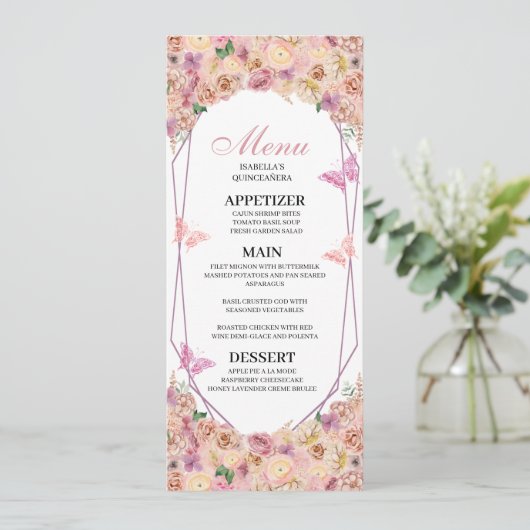 Blush Pink Floral Quinceanera Menu Kaart (Staand voorkant)