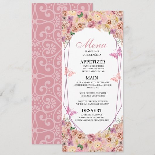 Blush Pink Floral Quinceanera Menu Kaart (Voorkant / Achterkant)