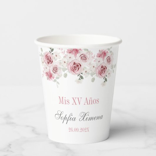 Blush Pink Floral Quinceañera Papieren Bekers (Achterkant)