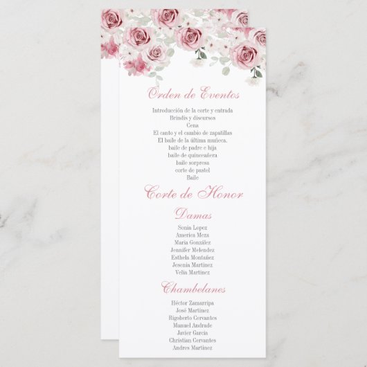 Blush Pink Floral Quinceañera Programmakaart (Voorkant / Achterkant)