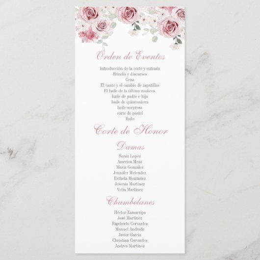Blush Pink Floral Quinceañera Programmakaart (Voorkant)