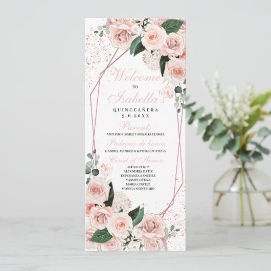 Blush Pink Floral Quinceanera Programme Kaart (Staand voorkant)