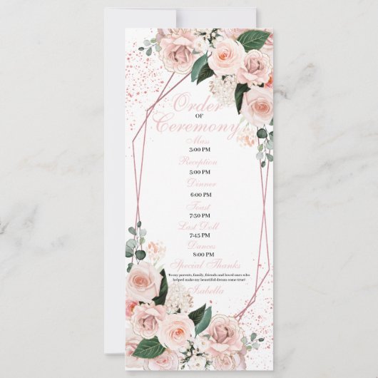 Blush Pink Floral Quinceanera Programme Kaart (Achterkant)