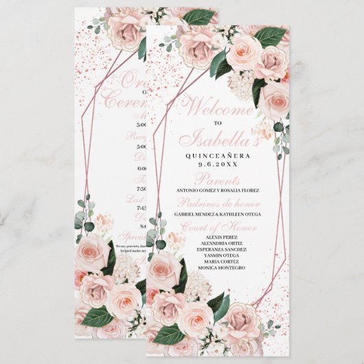 Blush Pink Floral Quinceanera Programme Kaart (Voorkant / Achterkant)