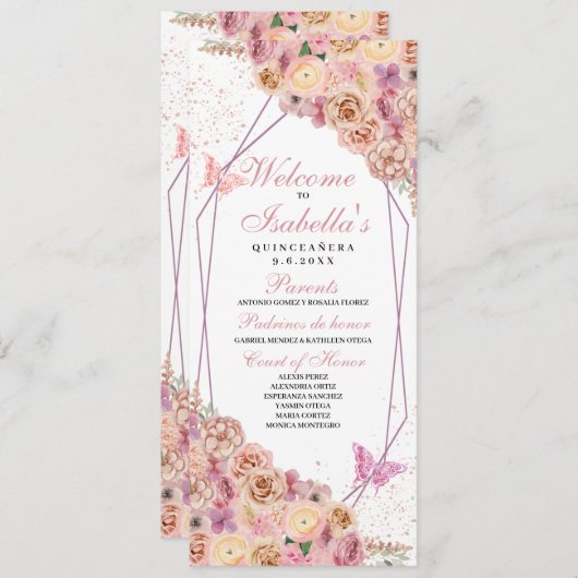 Blush Pink Floral Quinceanera Programme Kaart (Voorkant / Achterkant)
