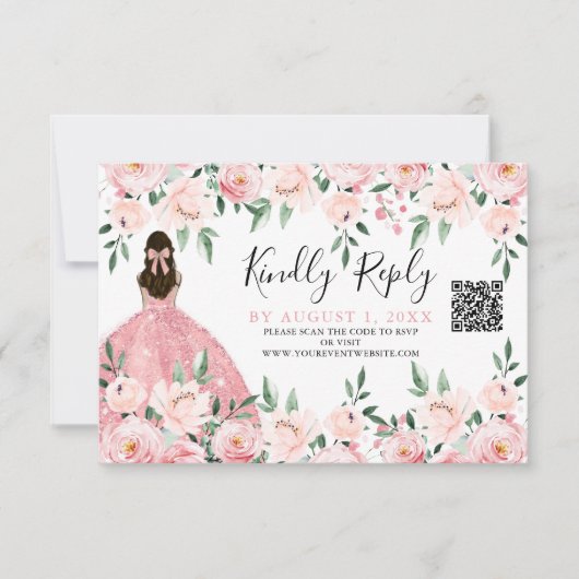 Blush Pink Floral Quinceanera QR Code RSVP (Voorkant)