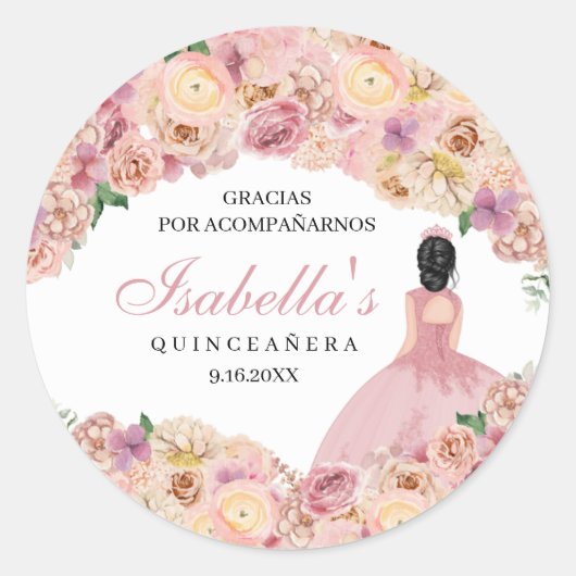 Blush Pink Floral Quinceanera Ronde Sticker (Voorkant)