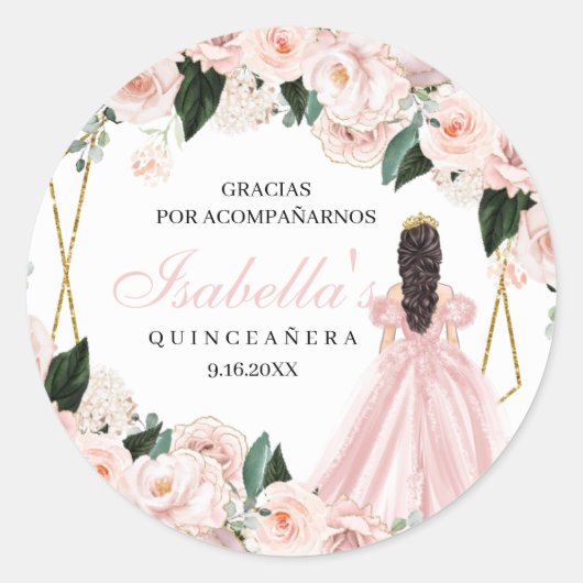 Blush Pink Floral Quinceanera Round Stickers (Voorkant)