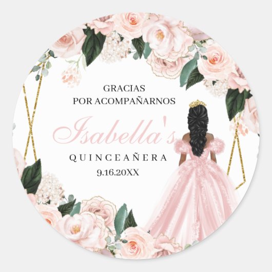 Blush Pink Floral Quinceanera Round Stickers (Voorkant)