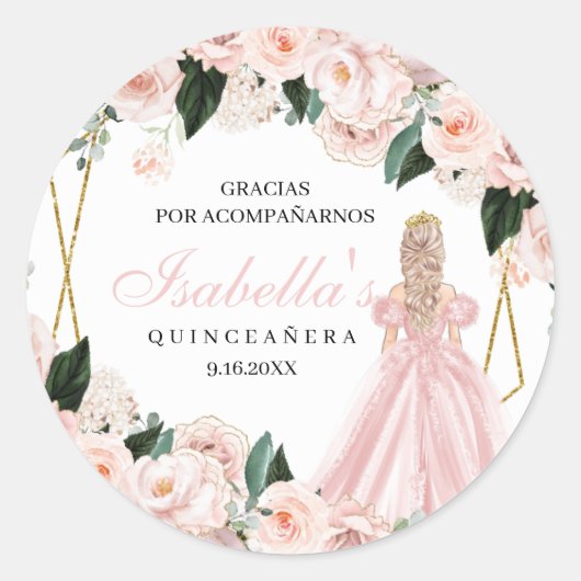 Blush Pink Floral Quinceanera Round Stickers (Voorkant)
