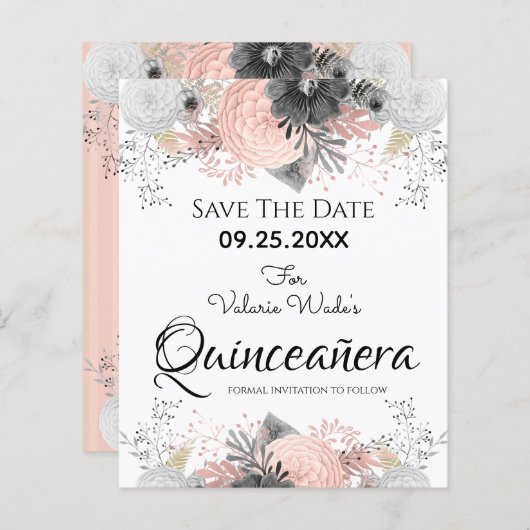 Blush Pink Floral Quinceanera Save the Date (Voorkant / Achterkant)