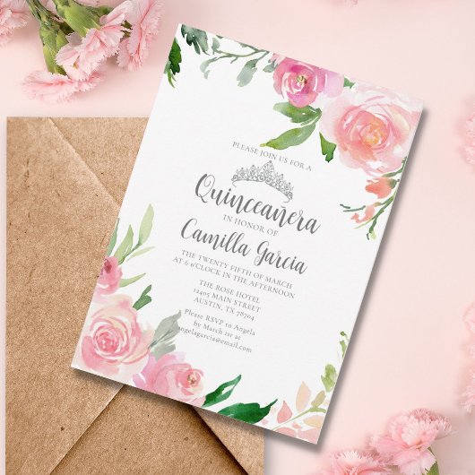 Blush Pink Floral Quinceañera Silver Tiara Elegant Kaart