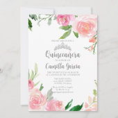 Blush Pink Floral Quinceañera Silver Tiara Elegant Kaart (Voorkant)