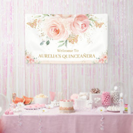 Blush Pink Floral Quinceañera Sweet 16 Backdrop Spandoek