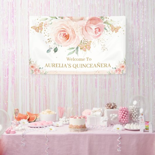 Blush Pink Floral Quinceañera Sweet 16 Backdrop Spandoek (Feest)