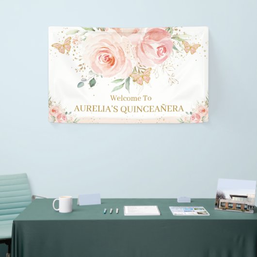 Blush Pink Floral Quinceañera Sweet 16 Backdrop Spandoek (Beurs)