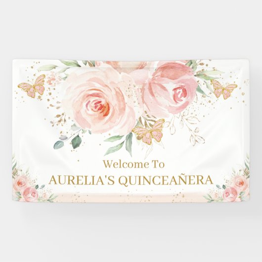 Blush Pink Floral Quinceañera Sweet 16 Backdrop Spandoek (Horizontaal)