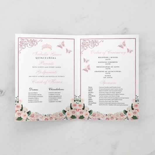 Blush Pink Floral Quinceanera Tiara Butterflies Programma (Binnen)