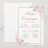 Blush Pink Floral Quinceanera uitnodiging (Voorkant / Achterkant)