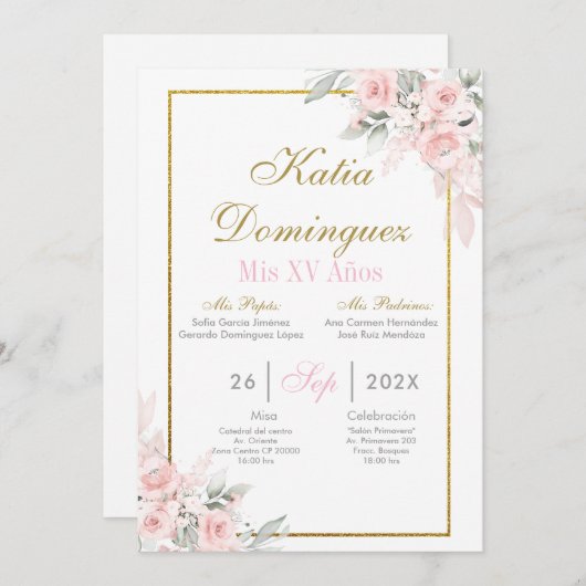 Blush Pink Floral Quinceanera uitnodiging (Voorkant / Achterkant)