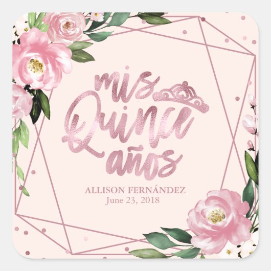 Blush Pink Floral Quinceanera Vierkante Sticker (Voorkant)