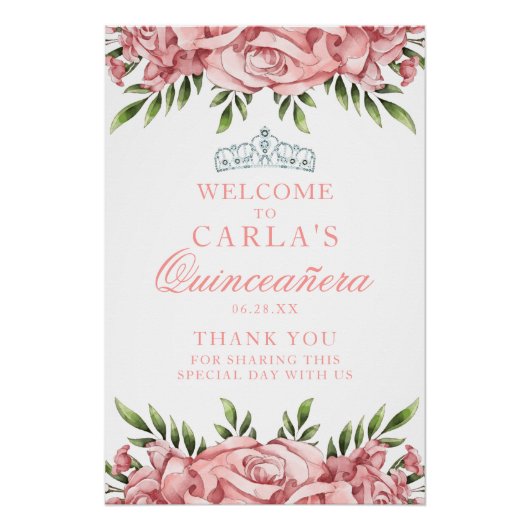 Blush Pink Floral Quinceanera Welcome Sign. Perfect Poster (Voorkant)